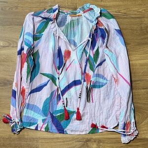Oliphant 100% Cotton Multicolor Floral Blouse with Tassels Small
